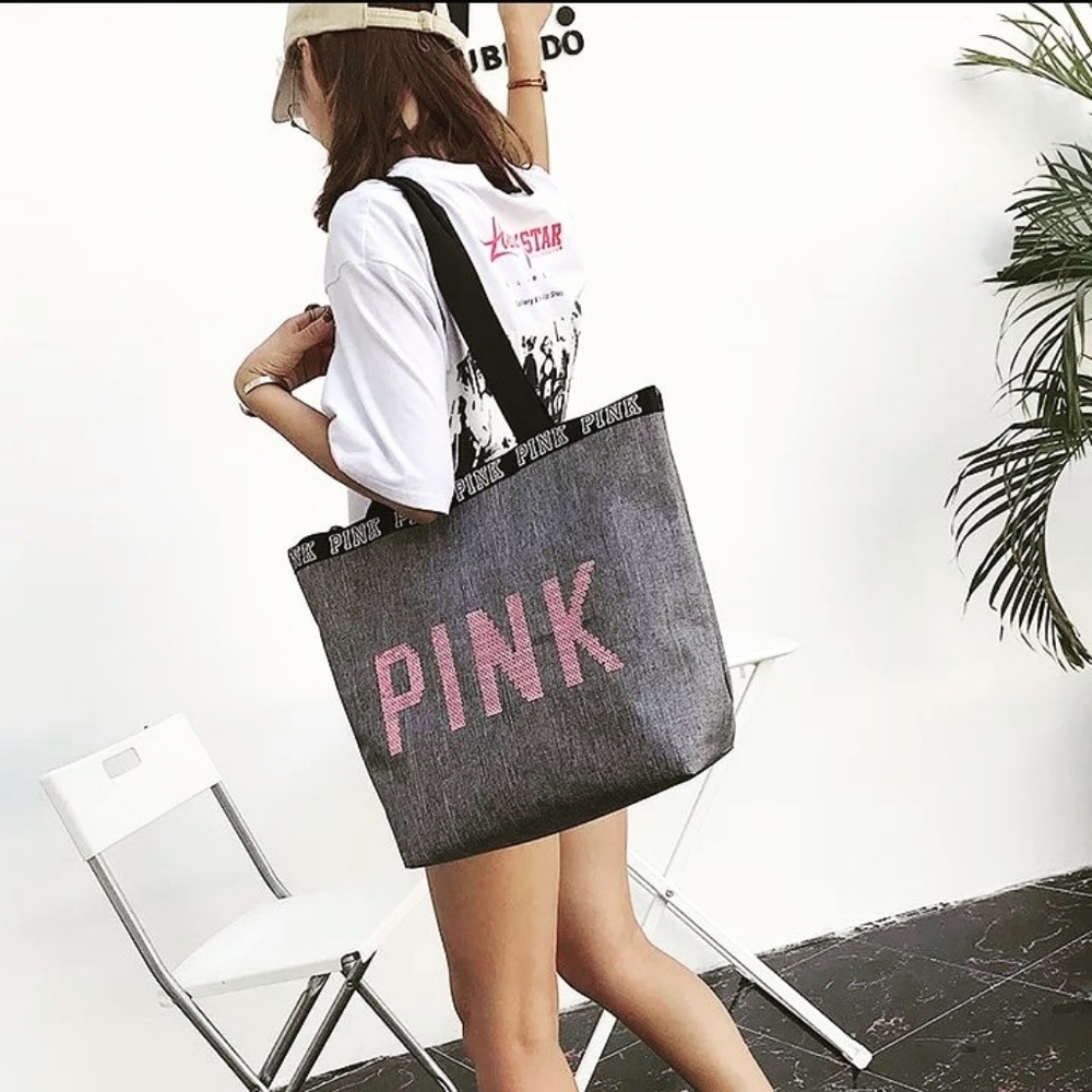 °•○ VS PINK Sequences Canvas Beach Bag ○•°